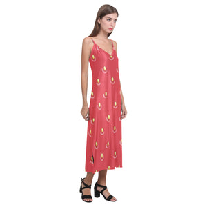 strawberry texture skin pattern V-Neck Open Fork Long Dress