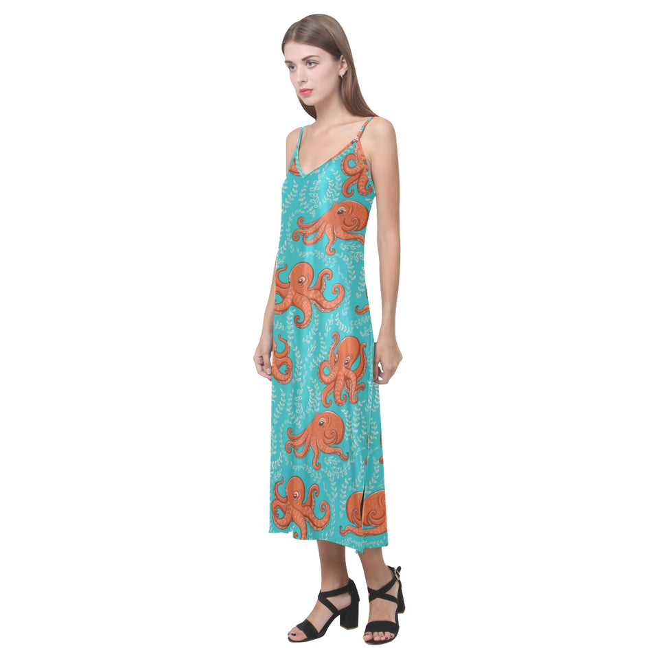 Octopus turquoise background V-Neck Open Fork Long Dress