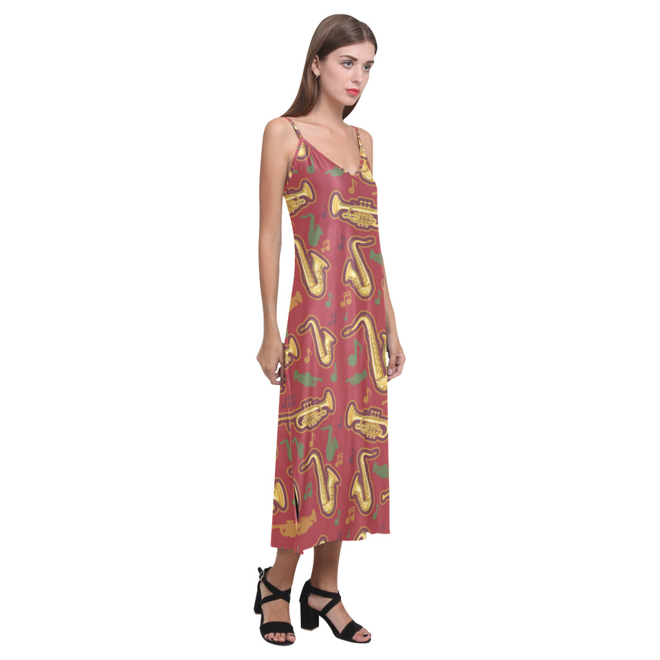Saxophone cornet pattern red background V-Neck Open Fork Long Dress