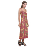 Saxophone cornet pattern red background V-Neck Open Fork Long Dress