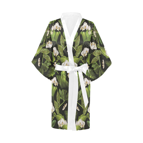 White orchid flower tropical leaves pattern blackg Women's Short Kimono Robe