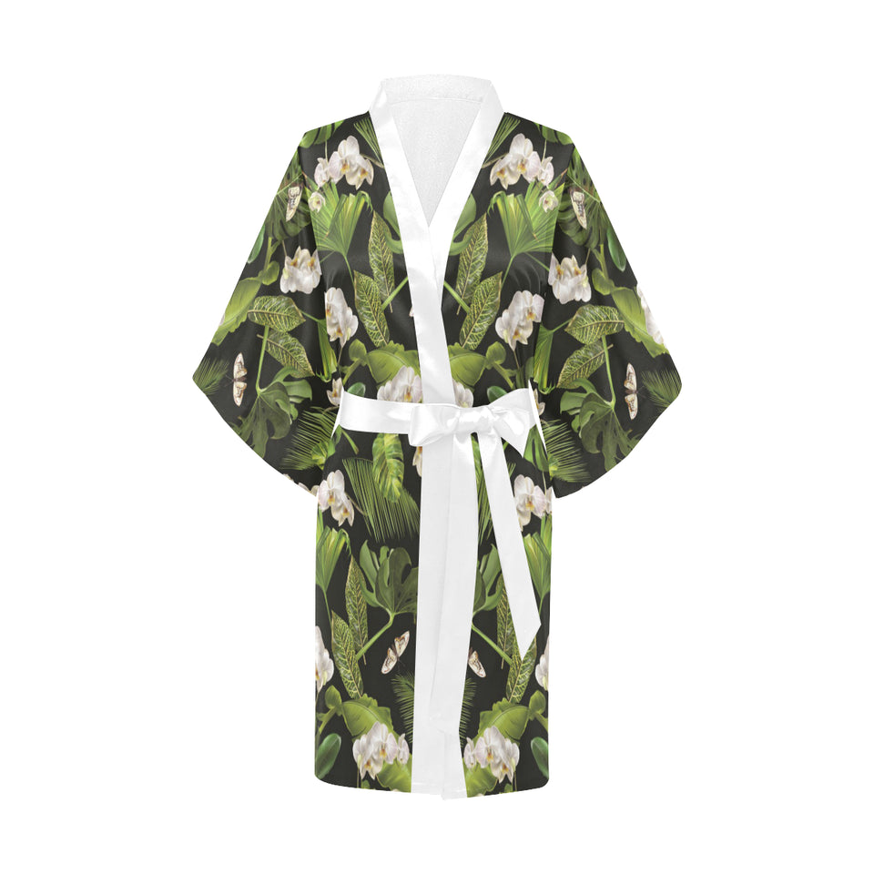 White orchid flower tropical leaves pattern blackg Women's Short Kimono Robe