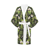 White orchid flower tropical leaves pattern blackg Women's Short Kimono Robe