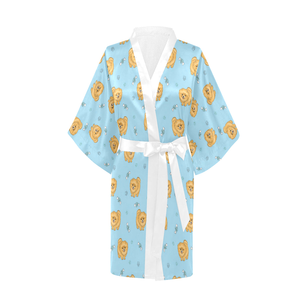 Brown cute pomeranian blue blackground Women's Short Kimono Robe