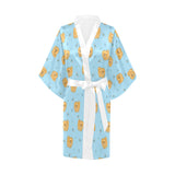 Brown cute pomeranian blue blackground Women's Short Kimono Robe