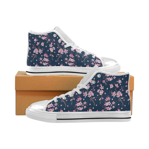Pink sakura cherry blossom blue background Women's High Top Canvas Shoes White