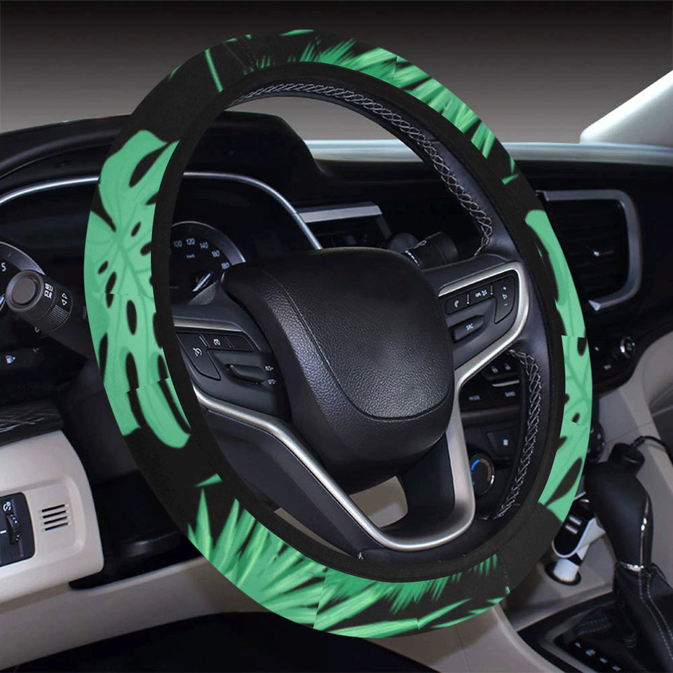 heliconia flower palm monstera leaves black backgr Car Steering Wheel Cover