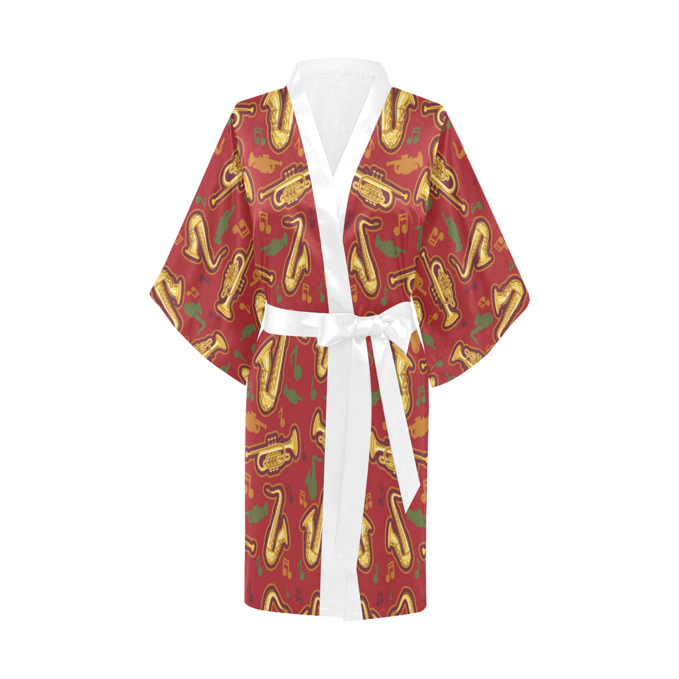Saxophone cornet pattern red background Women's Short Kimono Robe