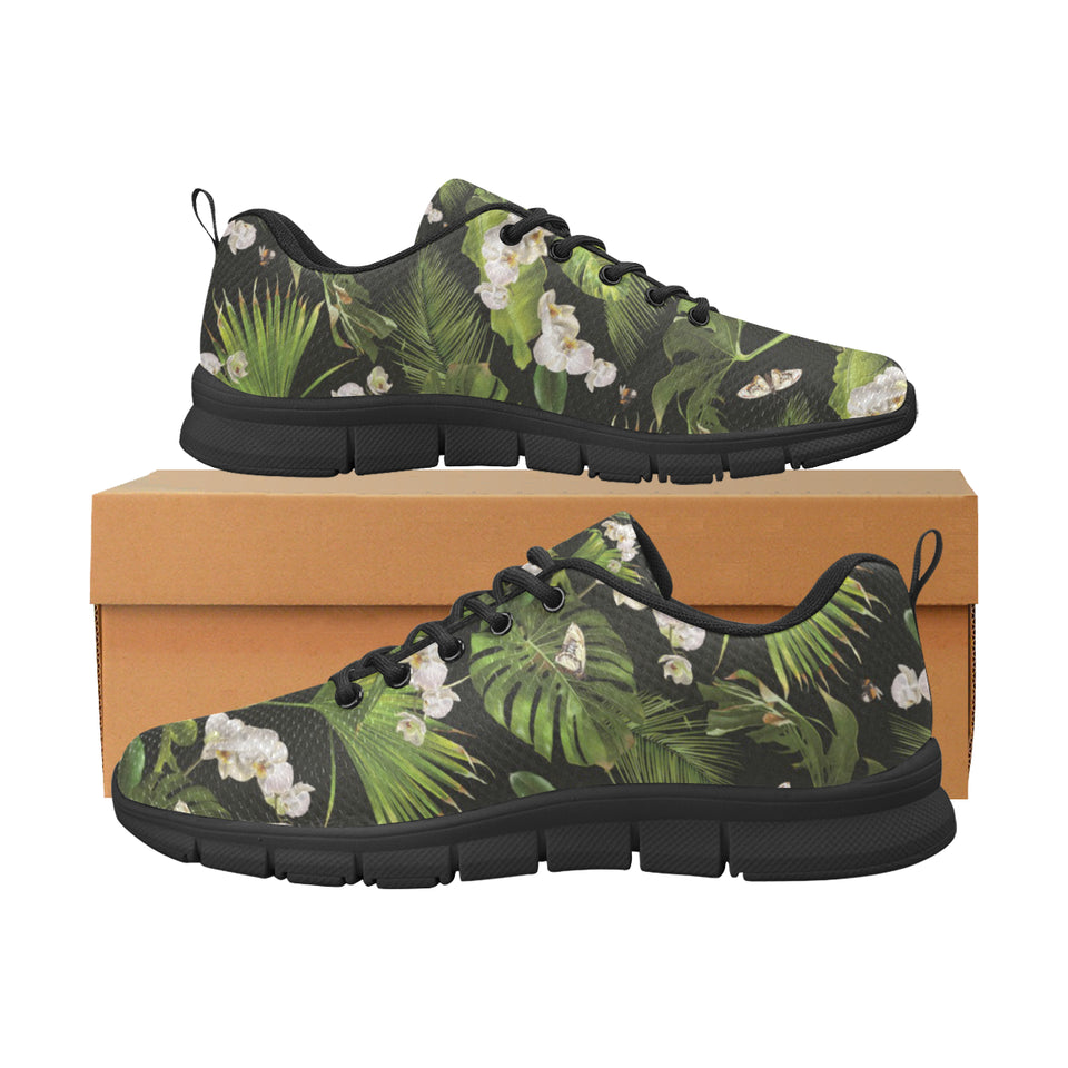 White orchid flower tropical leaves pattern blackg Men's Sneaker Shoes