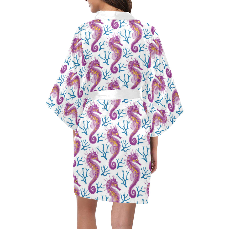 Purple seahorse blue coral pattern Women's Short Kimono Robe