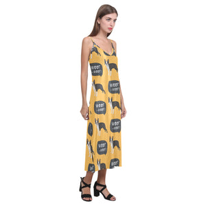 Boston terrier design pattern V-Neck Open Fork Long Dress