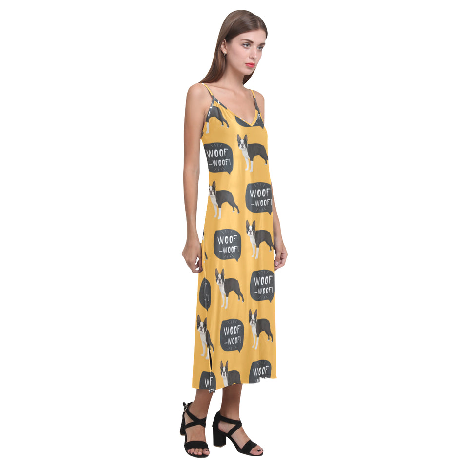 Boston terrier design pattern V-Neck Open Fork Long Dress