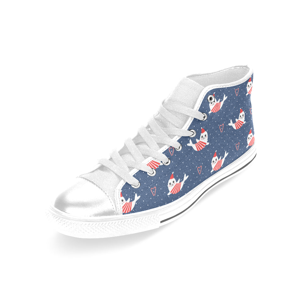 Cute sea lion seal christmas hat candy cane heart Women's High Top Canvas Shoes White