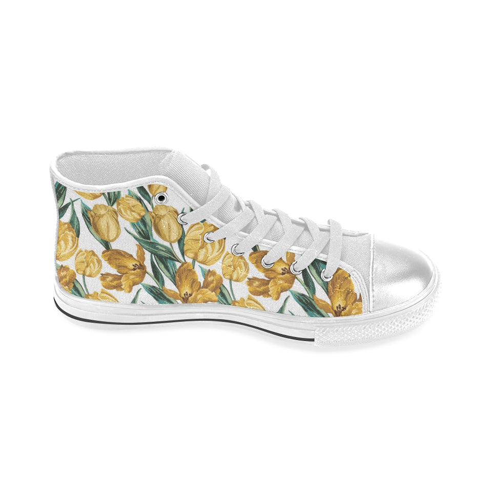 yellow tulips pattern Women's High Top Canvas Shoes White