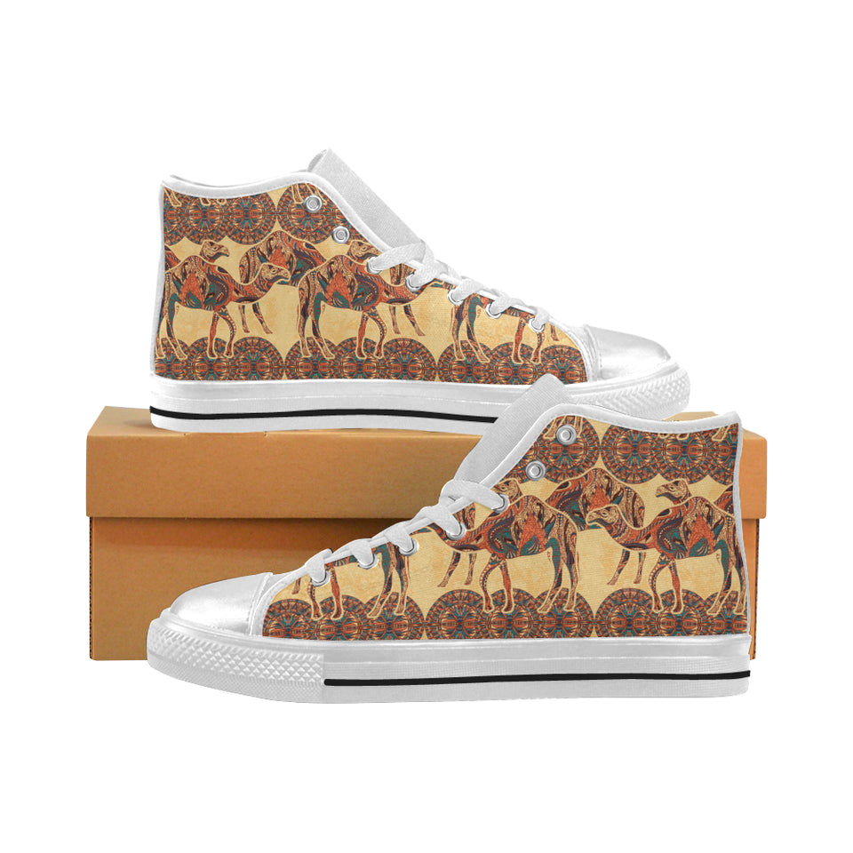 Camel polynesian tribal design pattern Women's High Top Canvas Shoes White