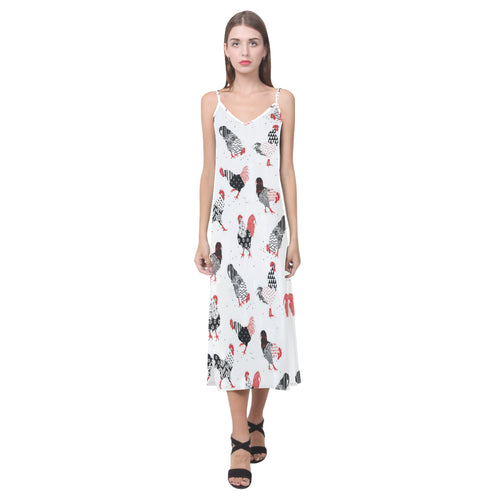Cool rooster chicken cock floral ornament backgrou V-Neck Open Fork Long Dress