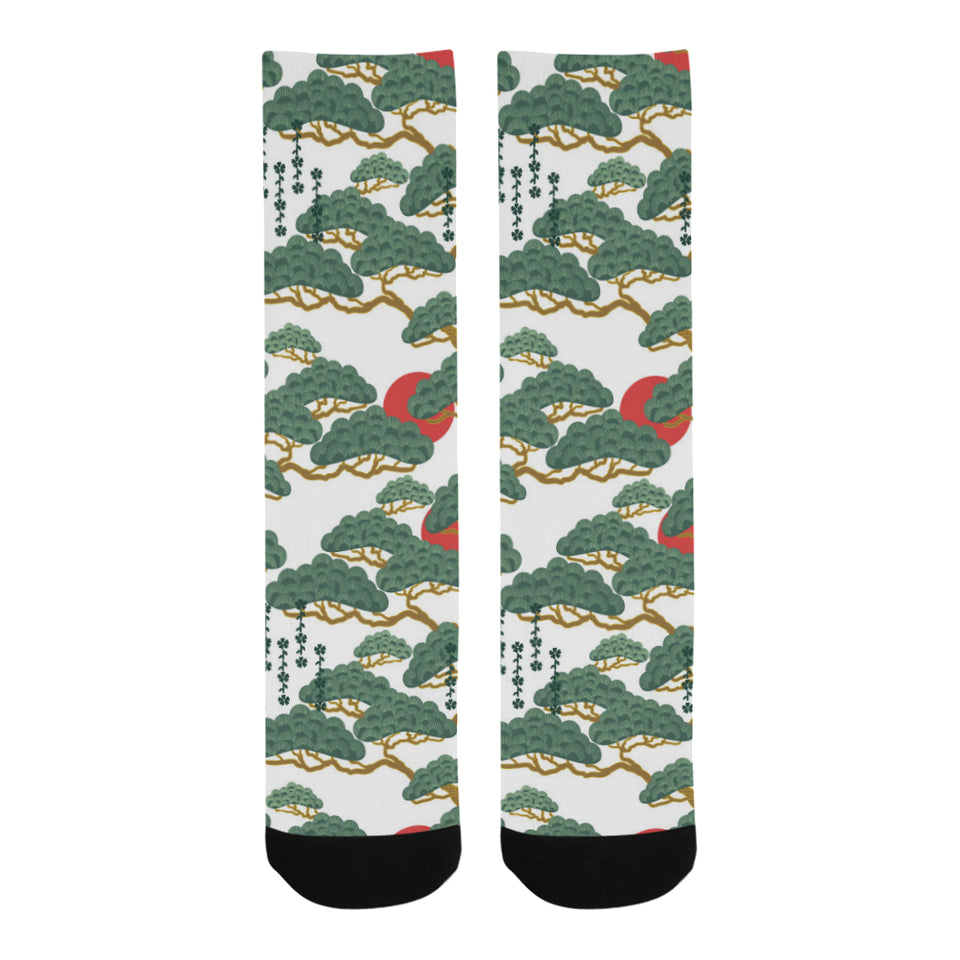 Bonsai red sun japanese pattern Crew Socks