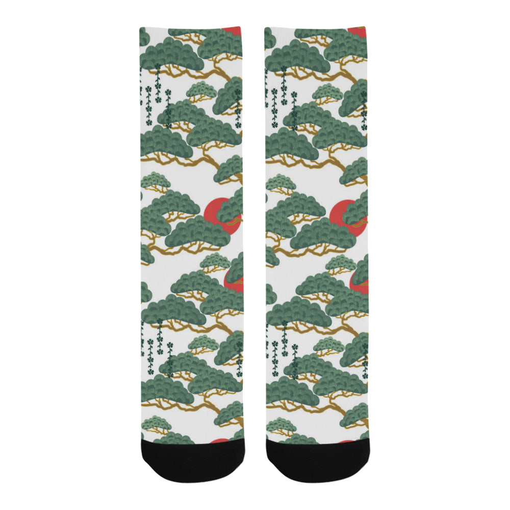 Bonsai red sun japanese pattern Crew Socks