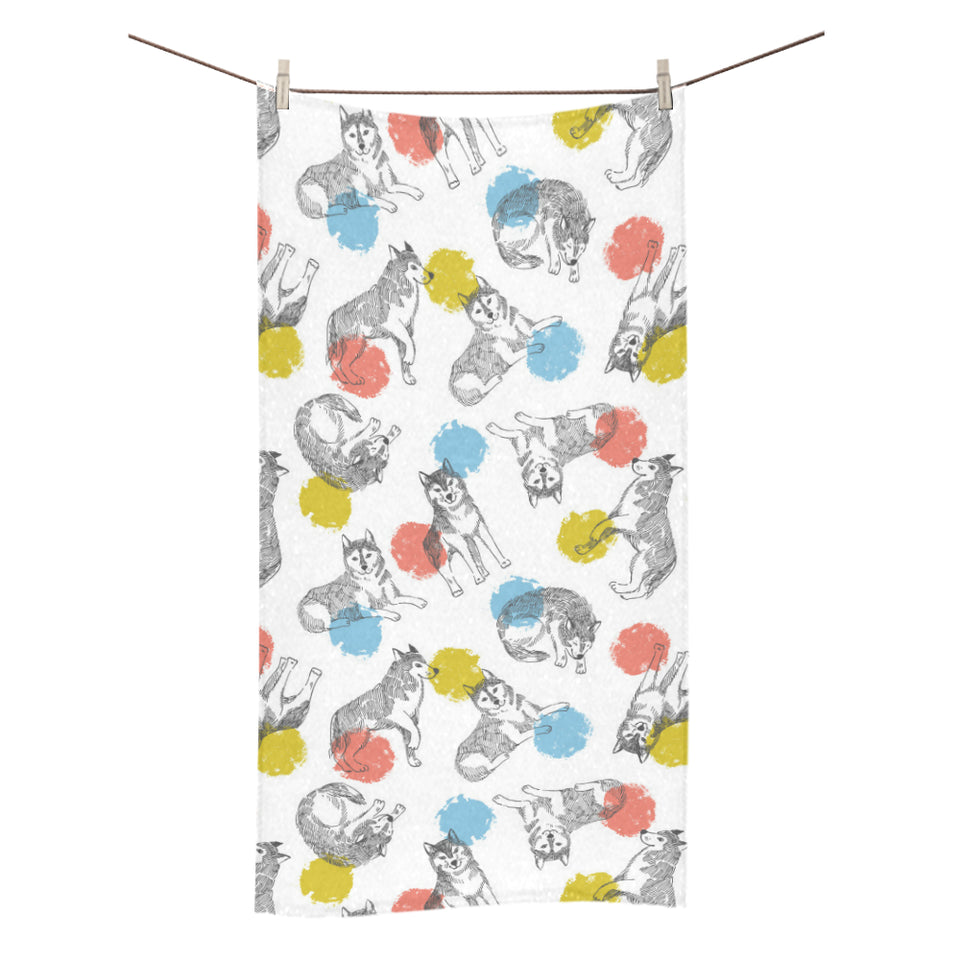 Siberian husky and colorful circle pattern Bath Towel
