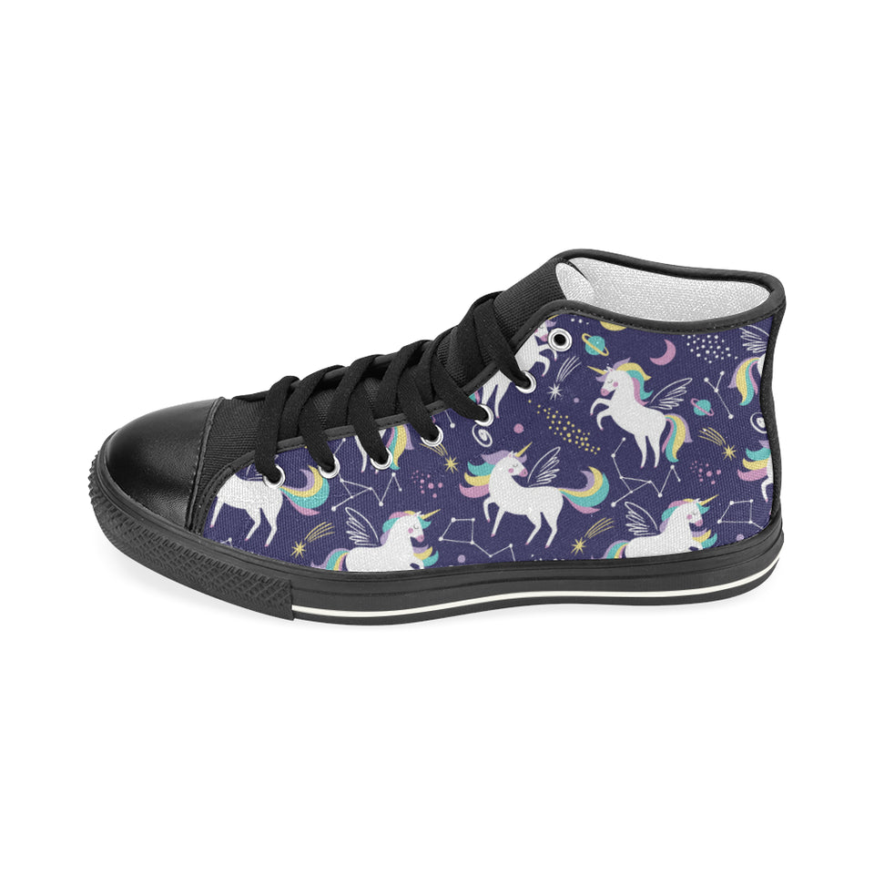 Hand drawn cute unicorn star planet Women's High Top Canvas Shoes Black
