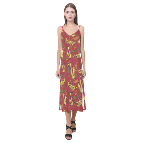 Saxophone cornet pattern red background V-Neck Open Fork Long Dress