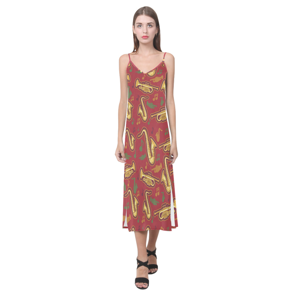 Saxophone cornet pattern red background V-Neck Open Fork Long Dress