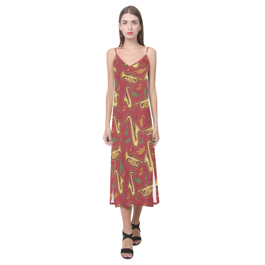 Saxophone cornet pattern red background V-Neck Open Fork Long Dress