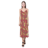 Saxophone cornet pattern red background V-Neck Open Fork Long Dress