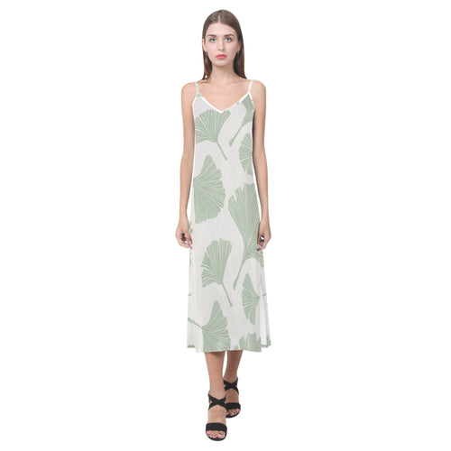Ginkgo leaves pattern V-Neck Open Fork Long Dress