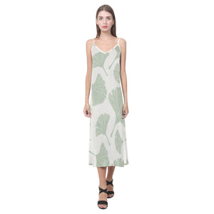 Ginkgo leaves pattern V-Neck Open Fork Long Dress