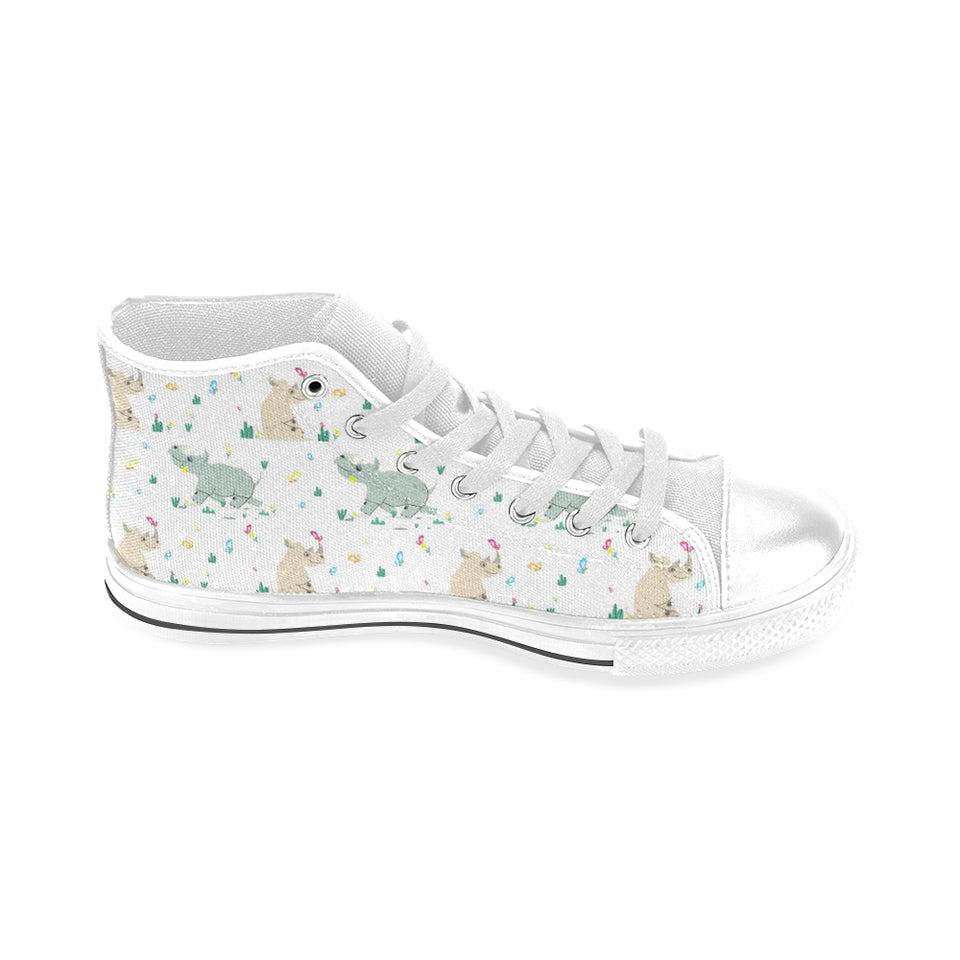 Cute Rhino pattern Men's High Top Canvas Shoes White