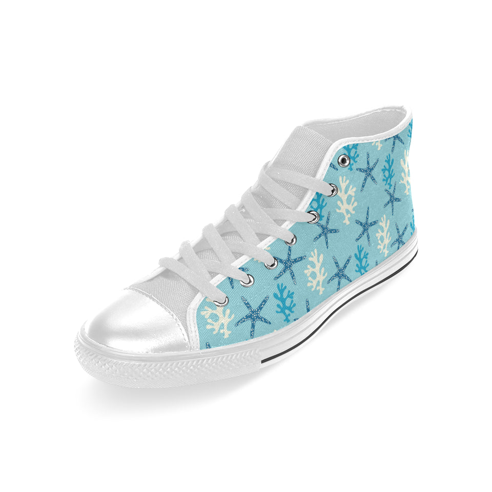 Blue starfish coral reef pattern Men's High Top Canvas Shoes White