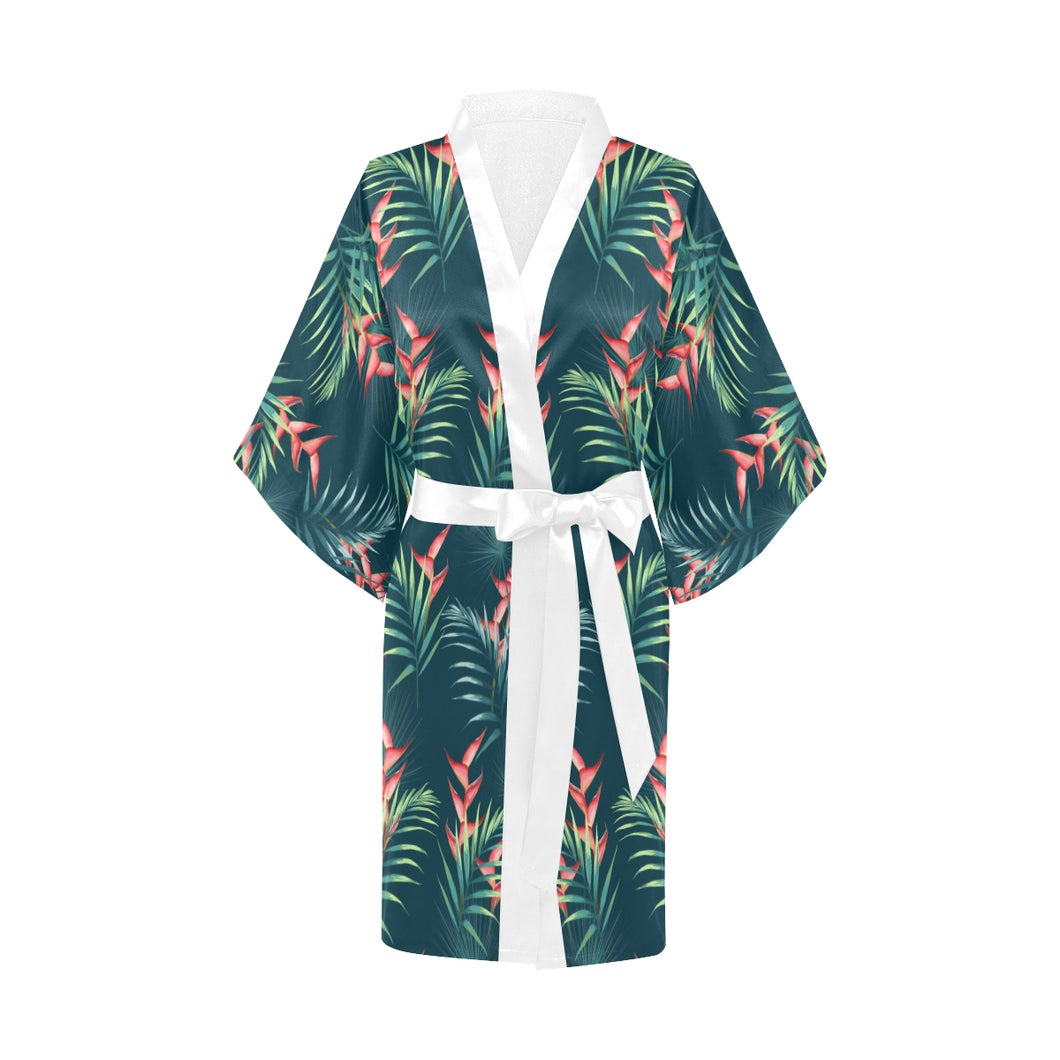 heliconia flowers, palm and monstera leaves on bla Women's Short Kimono Robe
