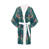 heliconia flowers, palm and monstera leaves on bla Women's Short Kimono Robe