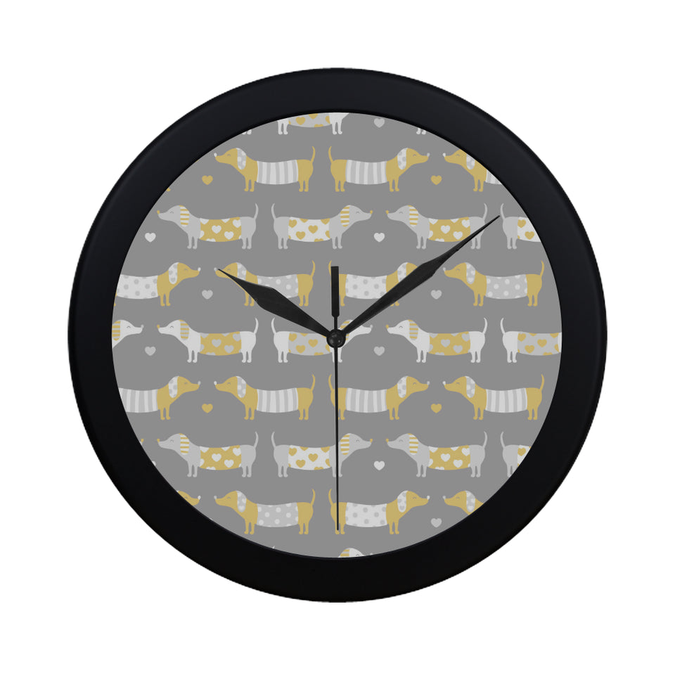 Cute dachshund dog pattern Elegant Black Wall Clock