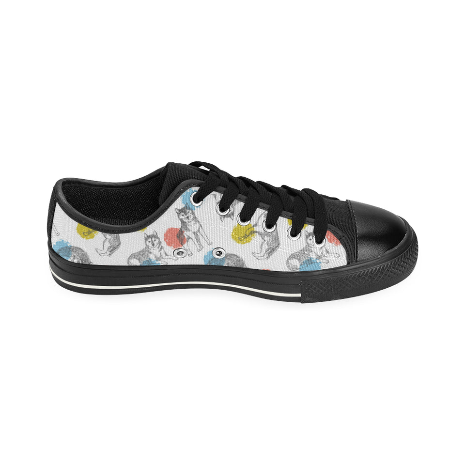 Siberian husky and colorful circle pattern Men's Low Top Canvas Shoes Black
