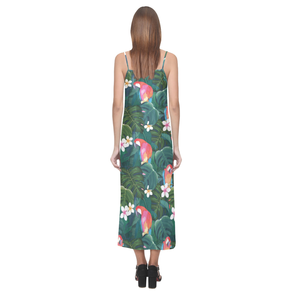 Parrot Palm tree leaves flower hibiscus pattern V-Neck Open Fork Long Dress