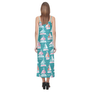 Cute sailboat pattern V-Neck Open Fork Long Dress