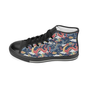 Blue red dragon cloud pattern Women's High Top Canvas Shoes Black