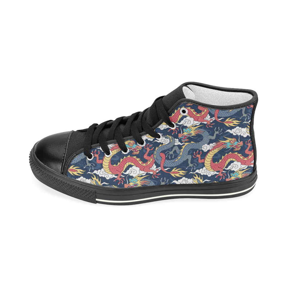 Blue red dragon cloud pattern Women's High Top Canvas Shoes Black