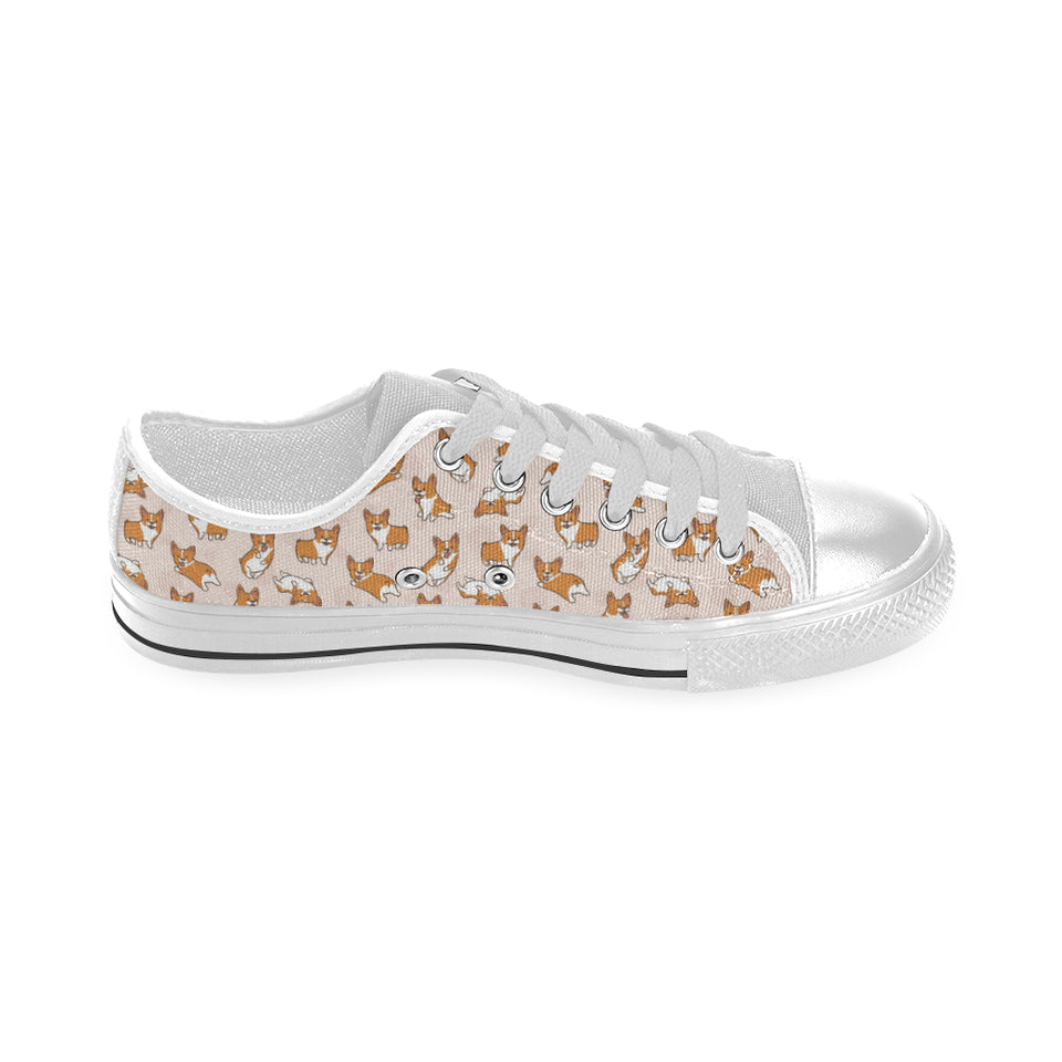 Cute Corgis Pattern pink background Men's Low Top Canvas Shoes White