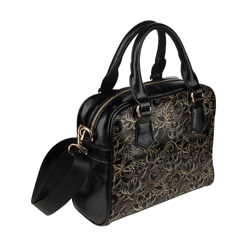 luxurious gold lotus waterlily black background Shoulder Handbag