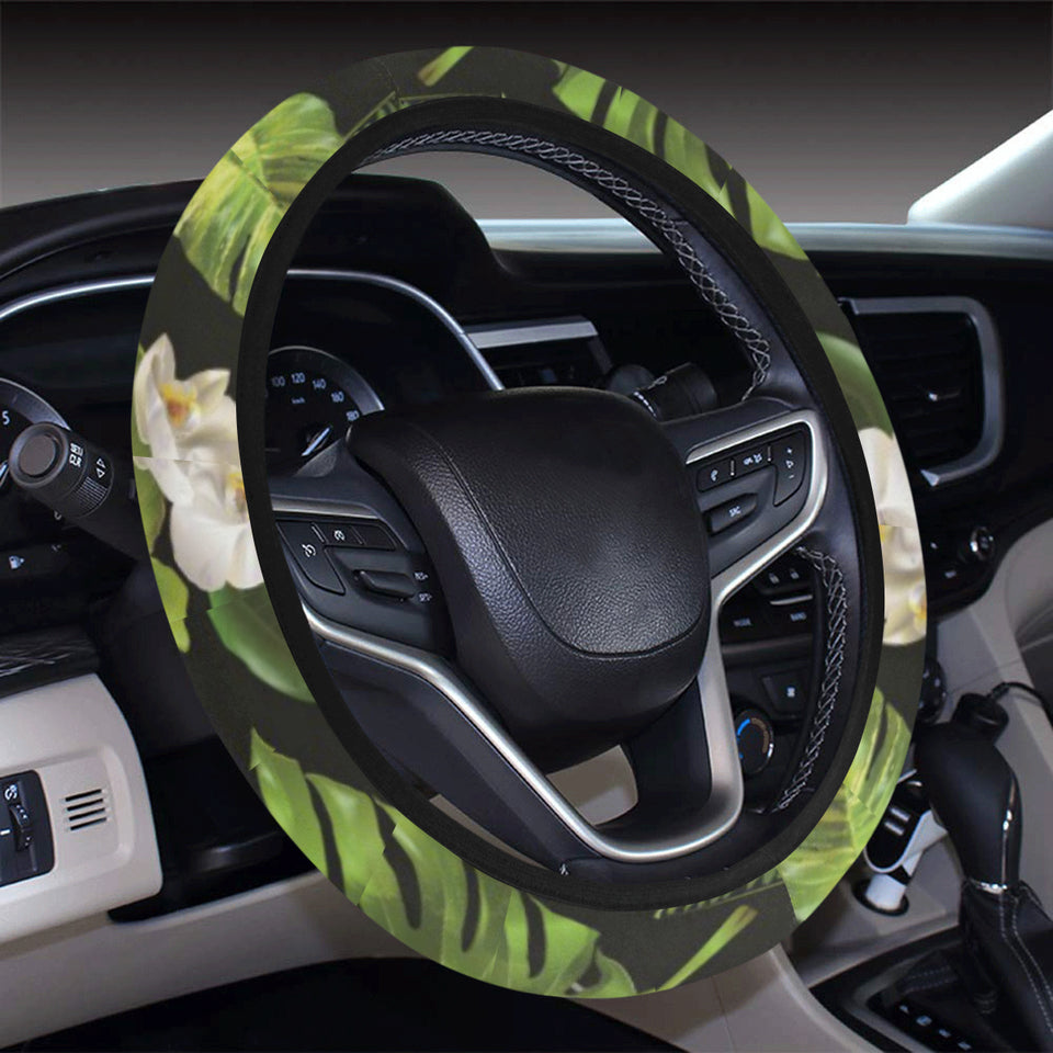 White orchid flower tropical leaves pattern blackg Car Steering Wheel Cover