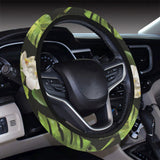 White orchid flower tropical leaves pattern blackg Car Steering Wheel Cover