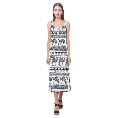 Camel polynesian tribal pattern V-Neck Open Fork Long Dress