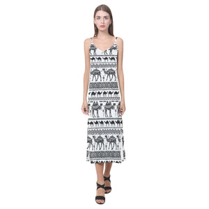 Camel polynesian tribal pattern V-Neck Open Fork Long Dress