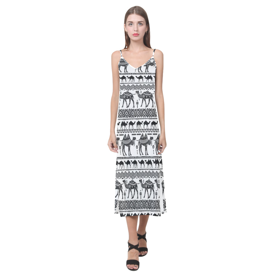 Camel polynesian tribal pattern V-Neck Open Fork Long Dress