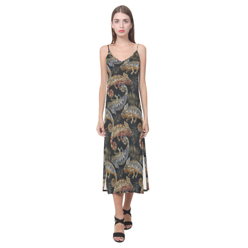 Chameleon lizard tropical leaves palm tree V-Neck Open Fork Long Dress