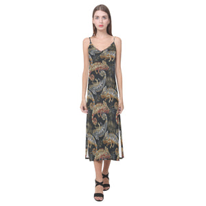 Chameleon lizard tropical leaves palm tree V-Neck Open Fork Long Dress