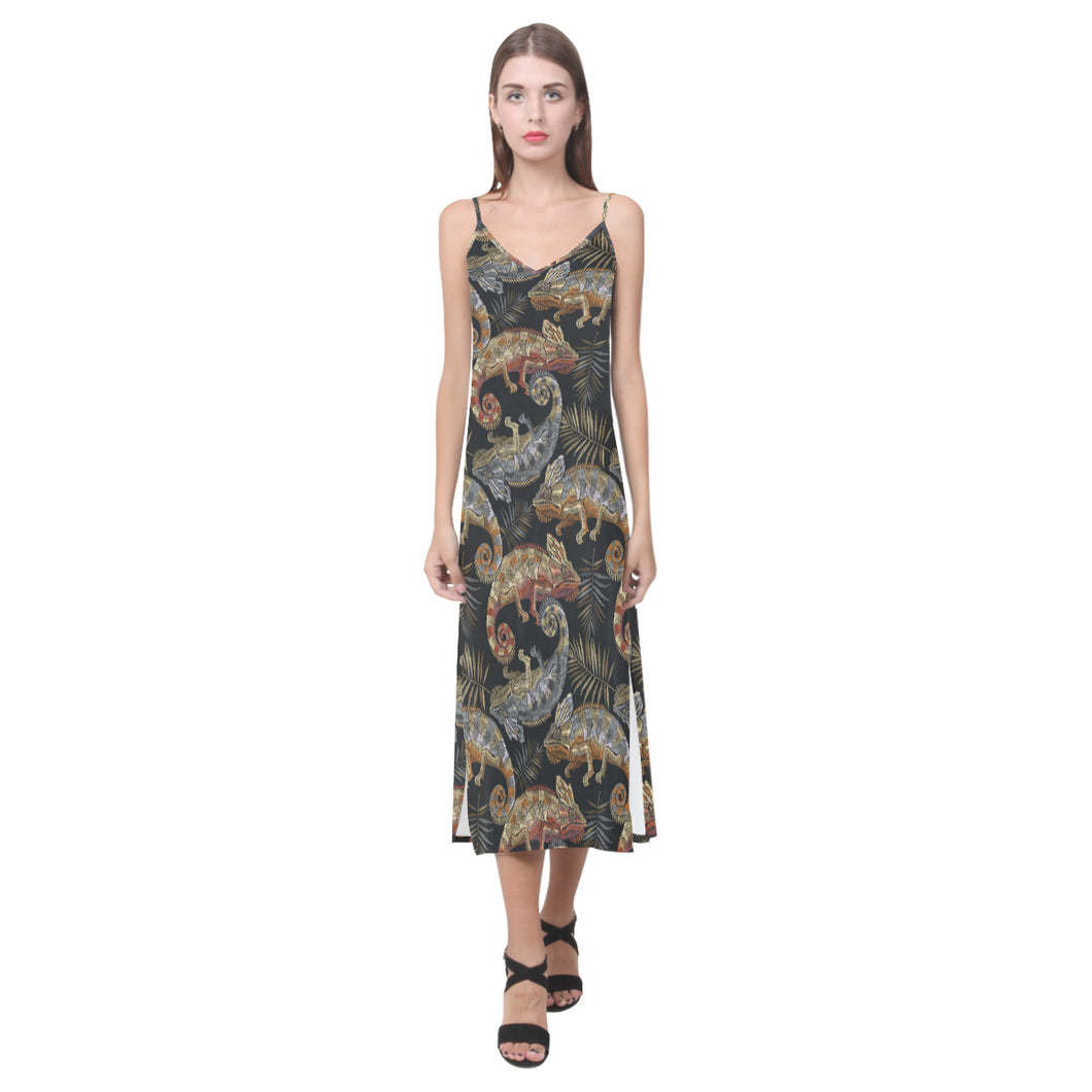 Chameleon lizard tropical leaves palm tree V-Neck Open Fork Long Dress